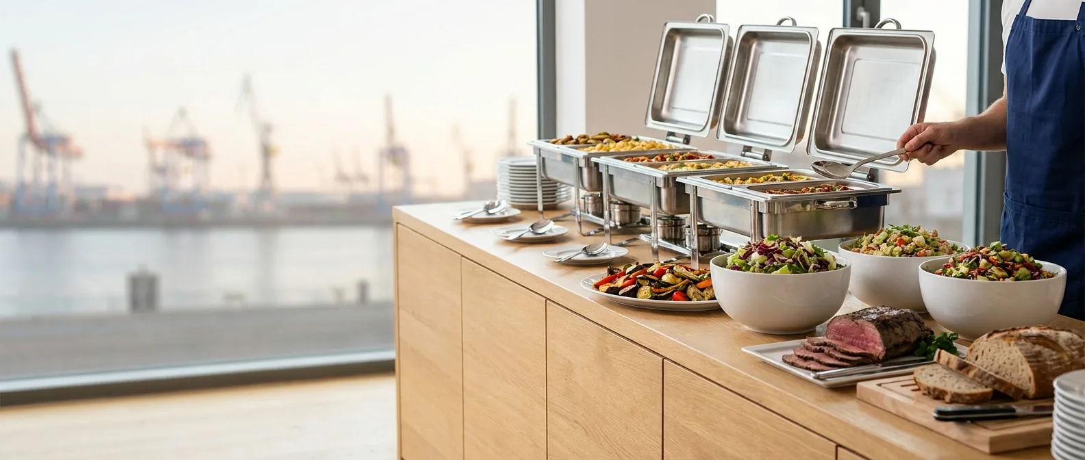 Symbolbild: Catering-Buffet mit Edelstahl-Warmhaltebehältern, Salaten und Roastbeef in einem hellen Büro mit Blick auf den Hamburger Hafen