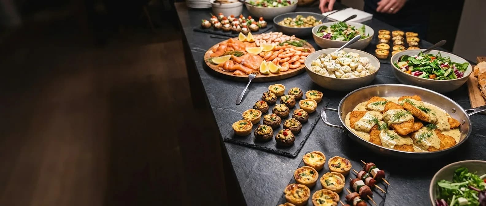 Symbolbild: reichhaltiges Buffet auf dunklem Schiefertisch mit Fischplatte, Salaten, Tartelettes und Fingerfood