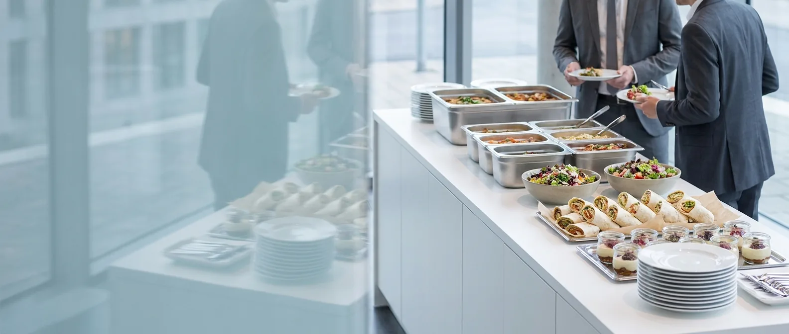 Symbolbild: Business-Lunch-Buffet in einem hellen Konferenzfoyer, Gäste in Businesskleidung von hinten