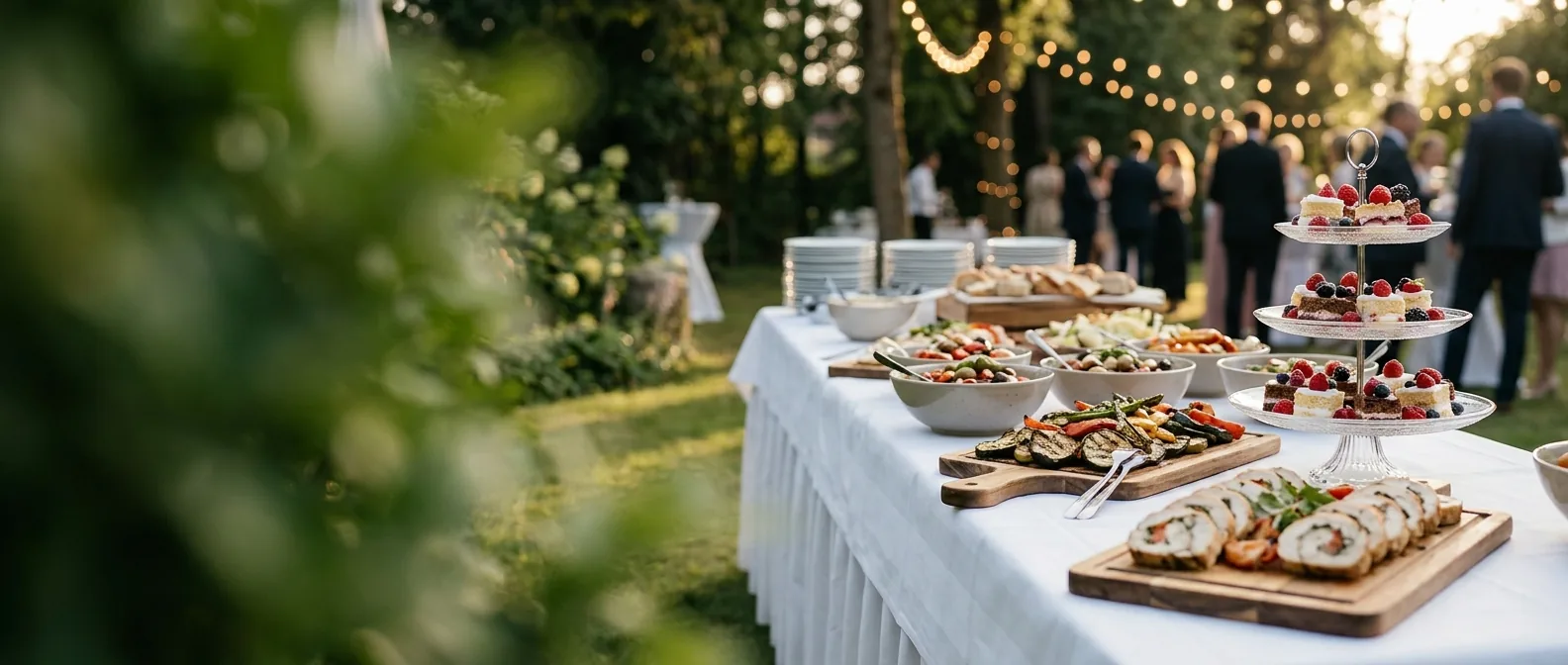 Symbolbild: Hochzeitsbuffet im Garten zur goldenen Stunde mit Antipasti, Hähnchenroulade und Dessert-Etagere