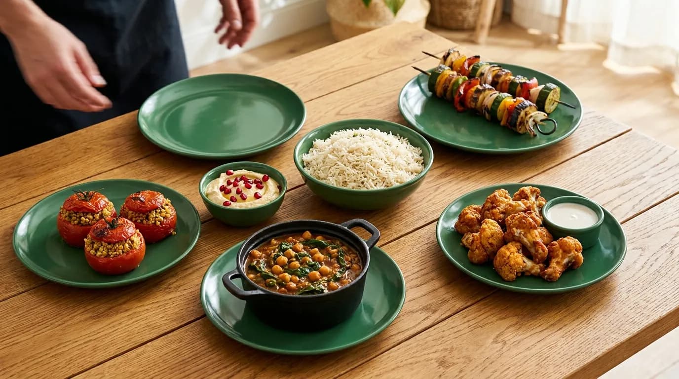 Symbolbild: Pflanzliches Buffet: Gemüse-Kebabs, Kichererbsen-Curry, Hummus mit Granatapfel und Blumenkohl-Wings mit Tahin