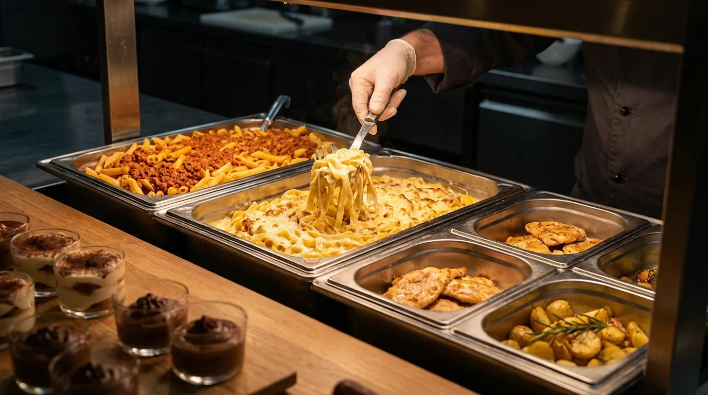 Symbolbild: Tagliatelle in Käsesahnesauce werden aus dem Warmhaltebehälter gehoben, daneben Penne Bolognese und Hähnchen Scaloppine