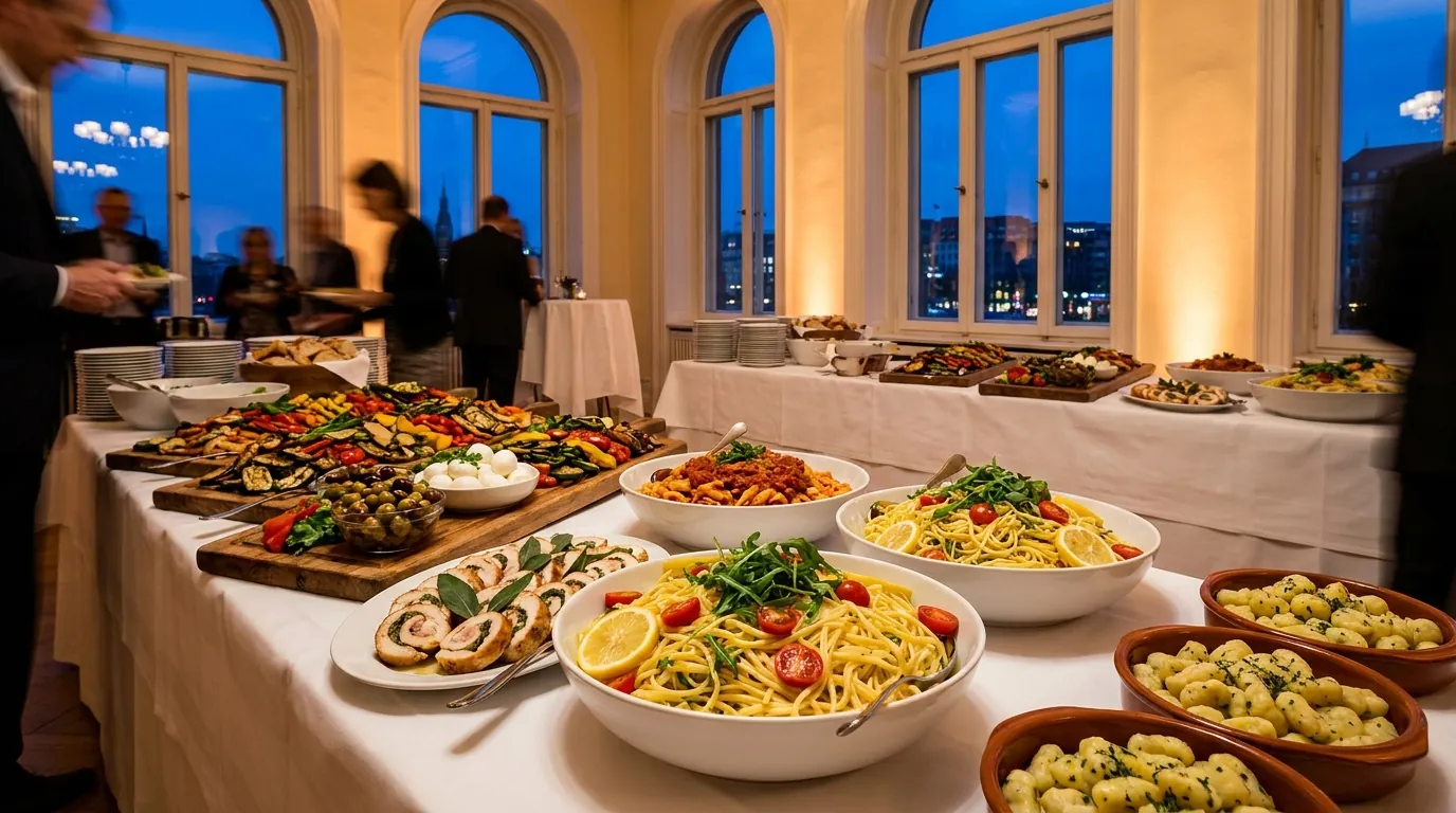 Symbolbild: Italienisches Abendbuffet zur blauen Stunde: Antipasti, Zitronen-Linguine, Pasta Marinara und Saltimbocca