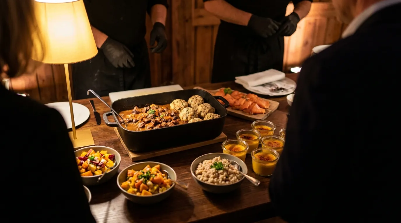Symbolbild: Abendbuffet im warmen Seitenlicht: Wildschweinragout im Bräter, Semmelknödel und bunter Kürbissalat