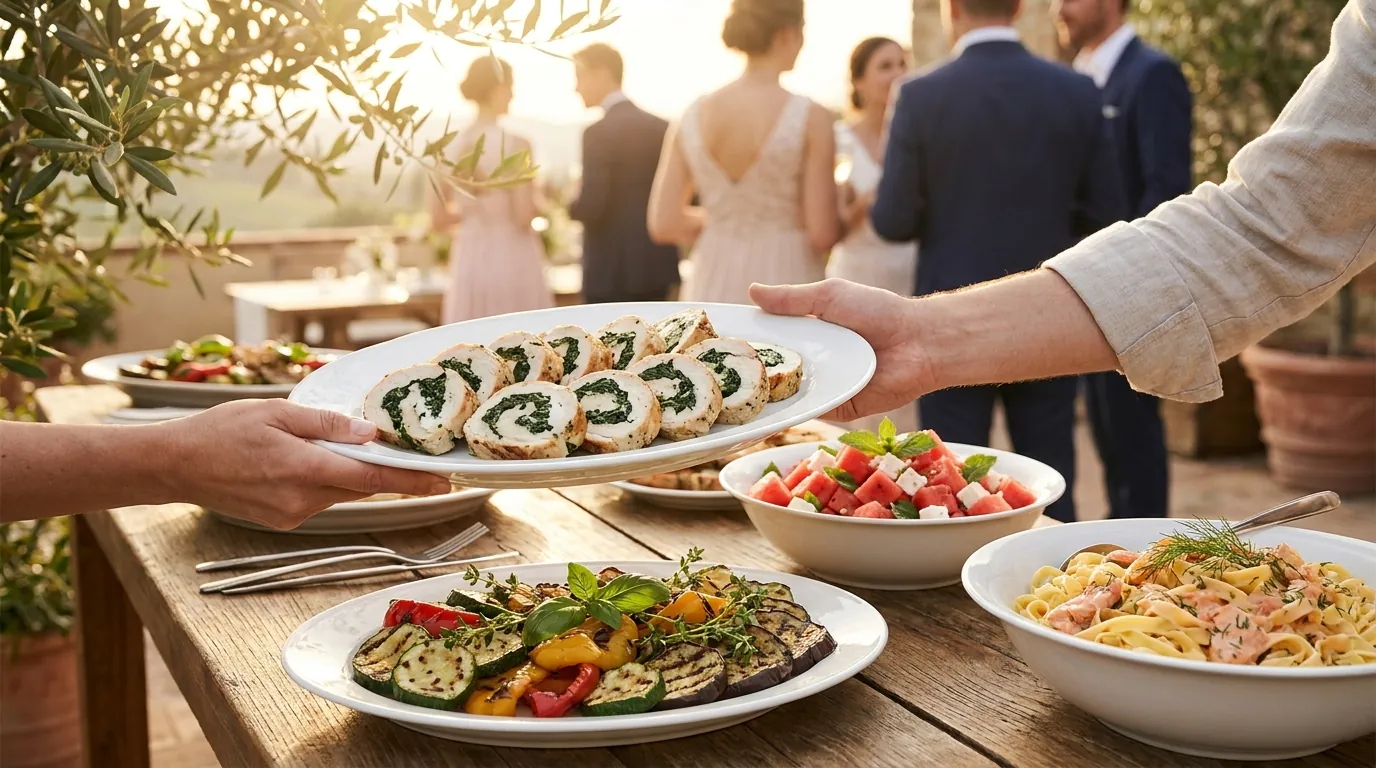 Symbolbild: Buffet auf einer Terrasse zur goldenen Stunde: Hähnchenroulade, gegrilltes Gemüse und Wassermelonen-Feta-Salat