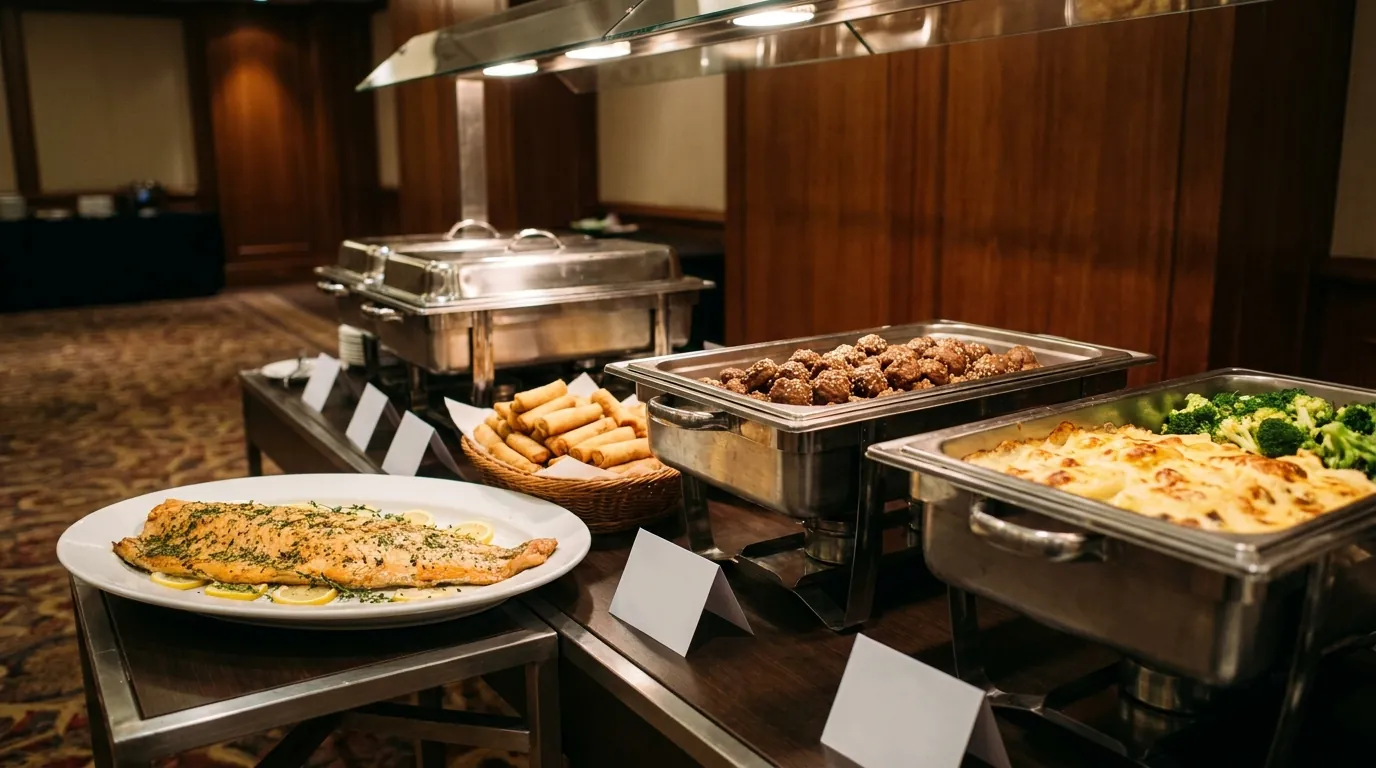 Symbolbild: Abendbuffet im Tagungsfoyer: ganzes Lachsfilet, Frühlingsrollen, Sesam-Hackbällchen und Kartoffelgratin