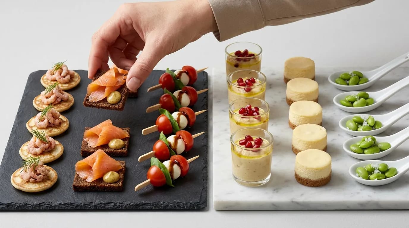 Symbolbild: Fingerfood in Reihen: Nordseekrabben auf Blini, Graved Lachs, Caprese-Spieße, Hummus im Glas und Mini-Cheesecakes
