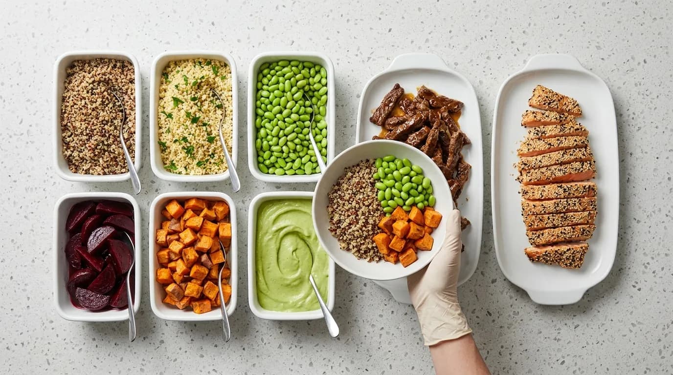 Symbolbild: Bowl-Station von oben: Quinoa, Bulgur, Edamame, Rote Bete, Süßkartoffel und Avocado-Crema, eine Hand stellt eine Bowl zusammen