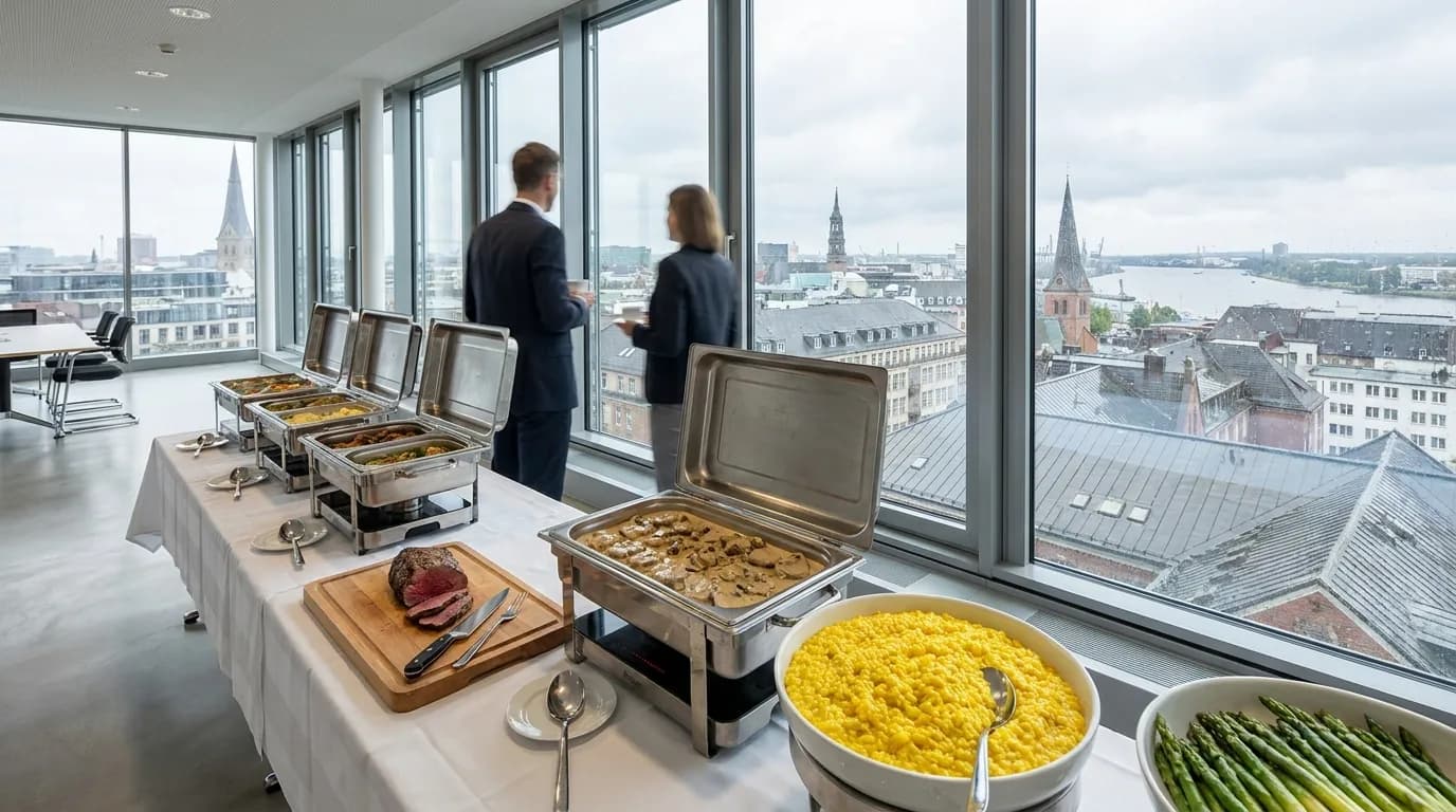 Symbolbild: Business-Buffet in einem hellen Büro mit Blick über die Dächer: Rinderfilet, Kalbsmedaillons, Safranrisotto und grüner Spargel