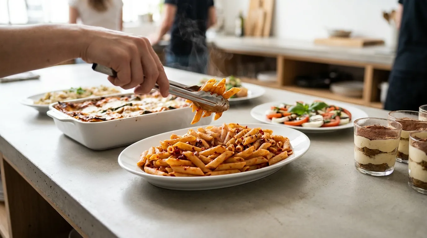 Symbolbild: Penne Arrabbiata wird mit einer Zange aufgenommen, dahinter Gemüse-Lasagne, Caprese und Tiramisu im Glas