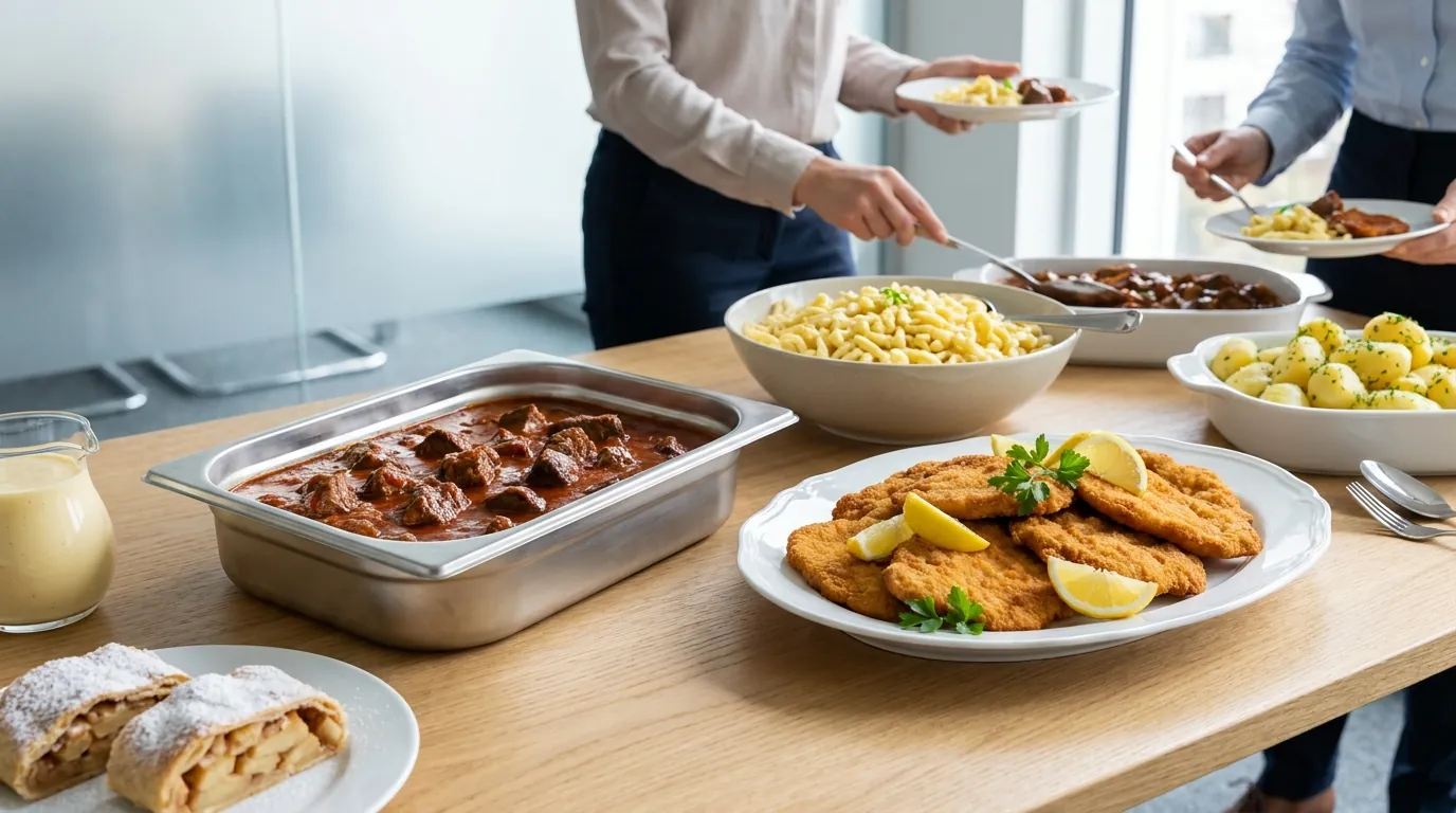 Symbolbild: Rindergulasch im Edelstahlbehälter, panierte Hähnchenschnitzel, Butterspätzle und Apfelstrudel auf einem hellen Buffet im Tagungsraum