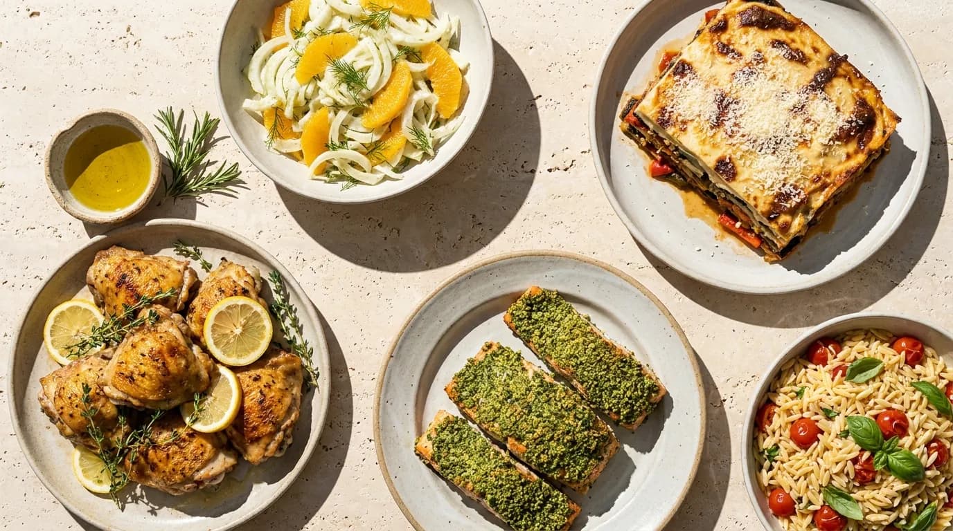 Symbolbild: Von oben: Zitronen-Hähnchen, Lachs mit Kräuterkruste, Moussaka und Fenchel-Orangen-Salat auf hellem Kalkstein