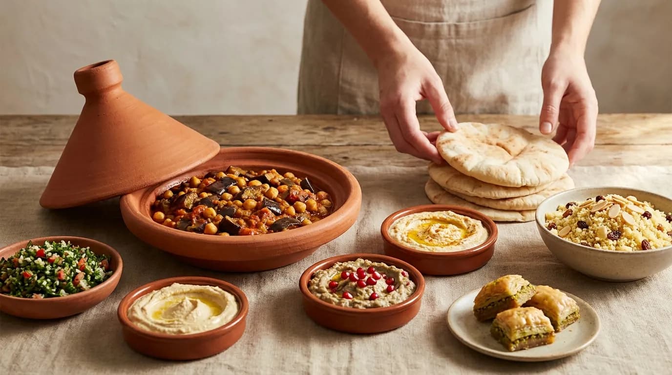 Symbolbild: Tajine mit Auberginen und Kichererbsen, Hummus, Baba Ghanoush, Tabouleh und warmes Pita auf Leinen