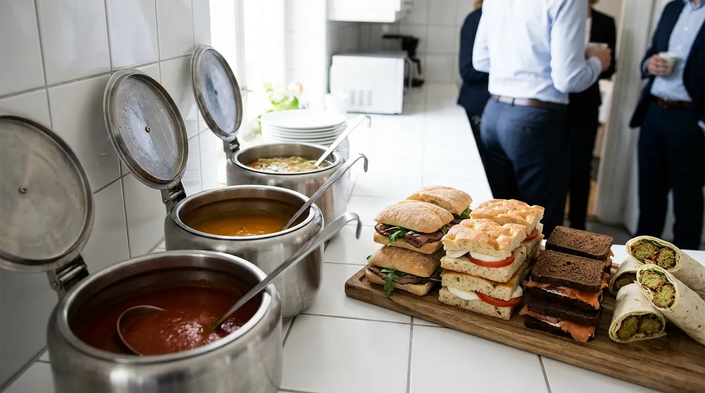 Symbolbild: Drei Suppenkessel und ein Brett mit Roastbeef-, Caprese- und Lachs-Sandwiches in einer Büroküche