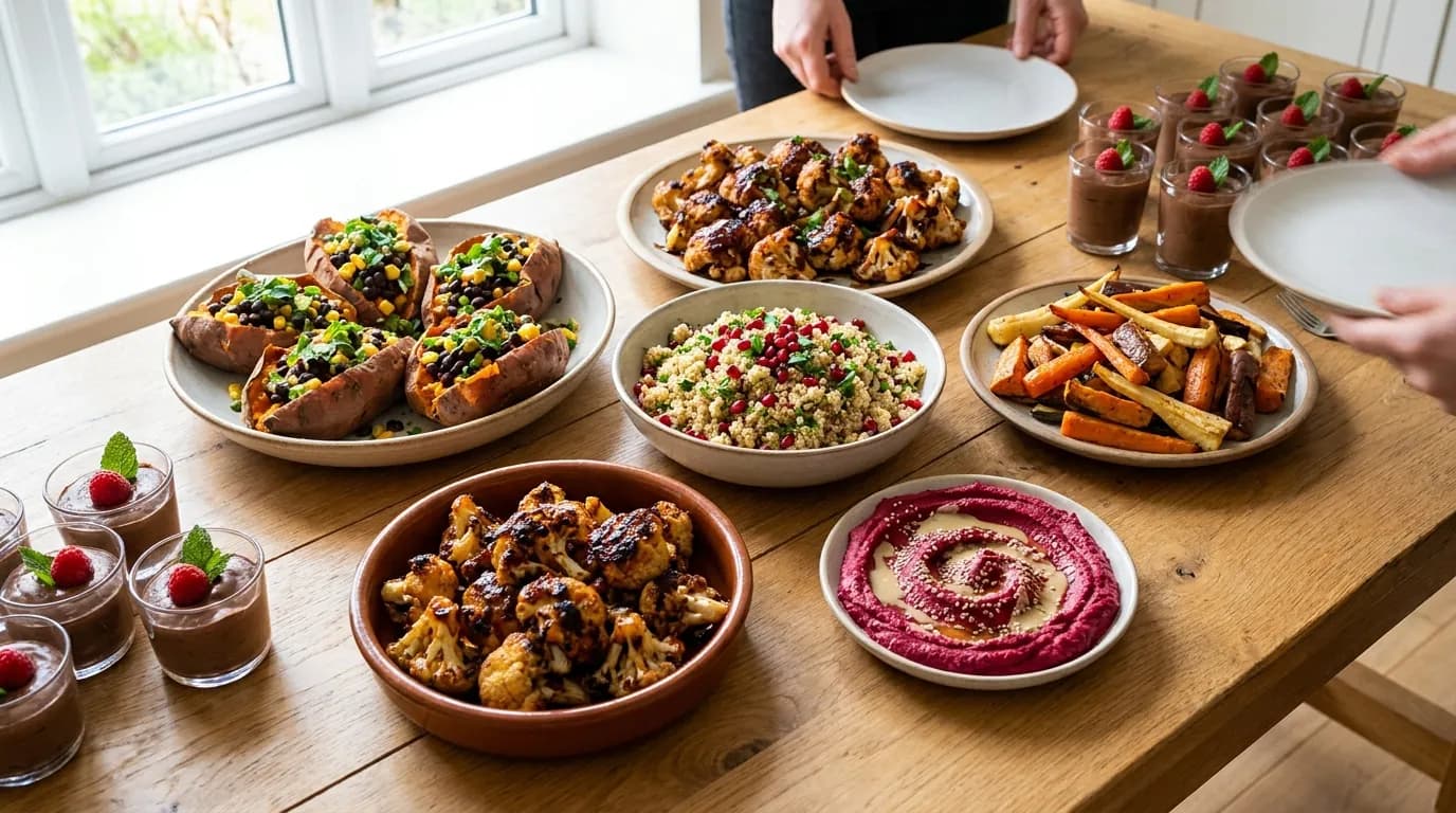 Symbolbild: Gefüllte Süßkartoffeln, Blumenkohl-Wings, Quinoa-Granatapfel-Pilaw und Rote-Bete-Hummus auf heller Eiche
