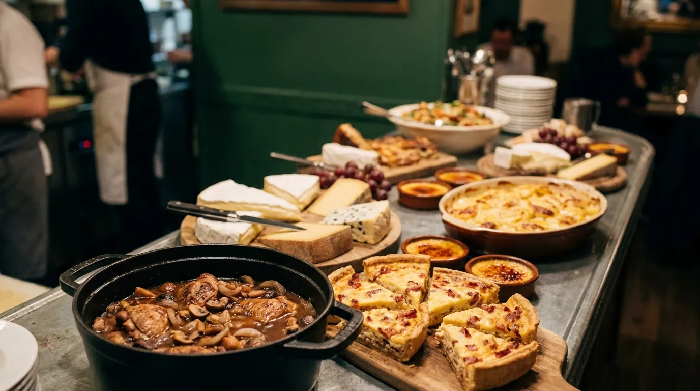 Symbolbild: Bistro-Theke mit Coq au Vin im Bräter, Quiche Lorraine, Käseplatte, Gratin Dauphinois und Crème brûlée