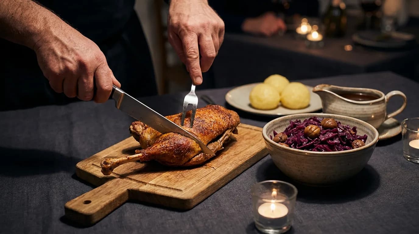 Symbolbild: Hände tranchieren eine knusprige Gänsekeule, dazu Rotkohl mit Maronen, Klöße und Sauce