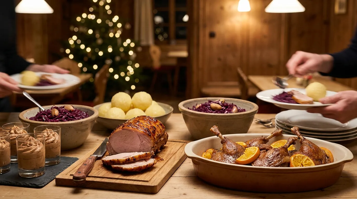 Symbolbild: Festliches Weihnachtsbuffet: glasierter Rollbraten, Entenkeulen, Apfelrotkohl und Klöße vor Lichterbokeh