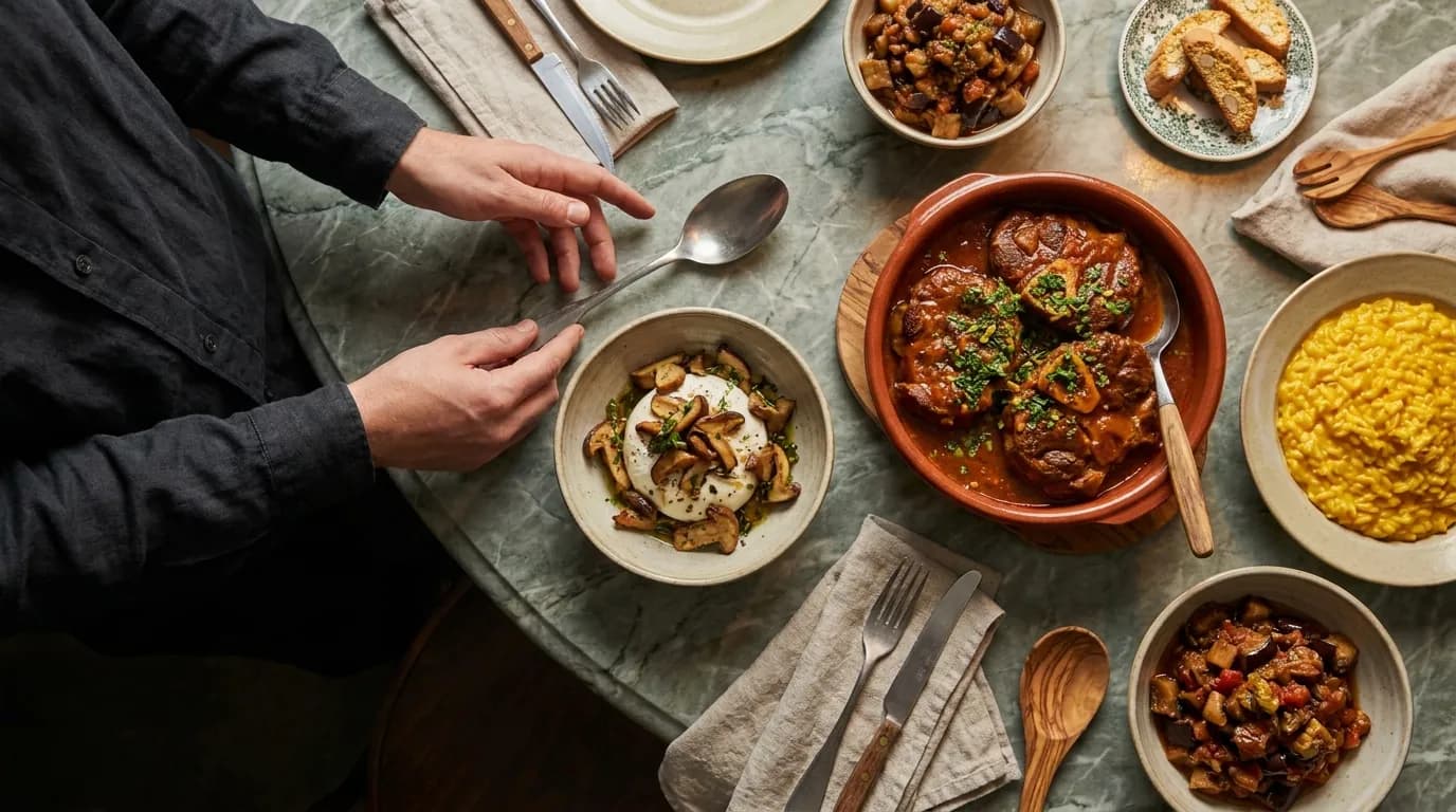 Symbolbild: Von oben auf Marmor: Ossobuco, Burrata mit Steinpilzen, Caponata, Safranrisotto und Cantuccini