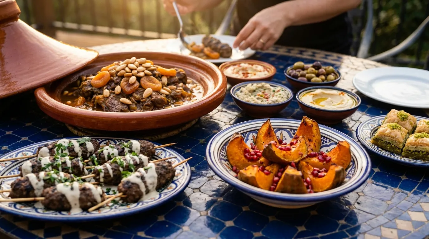 Symbolbild: Lamm-Tajine mit Aprikosen, Kefta-Spieße mit Tahin-Joghurt, Kürbisspalten mit Granatapfel und Baklava
