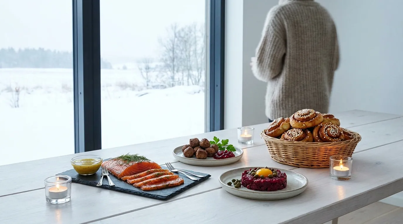 Symbolbild: Skandinavisches Buffet mit Gravad Lax, Köttbullar mit Preiselbeeren, Rote-Bete-Tatar und Zimtschnecken